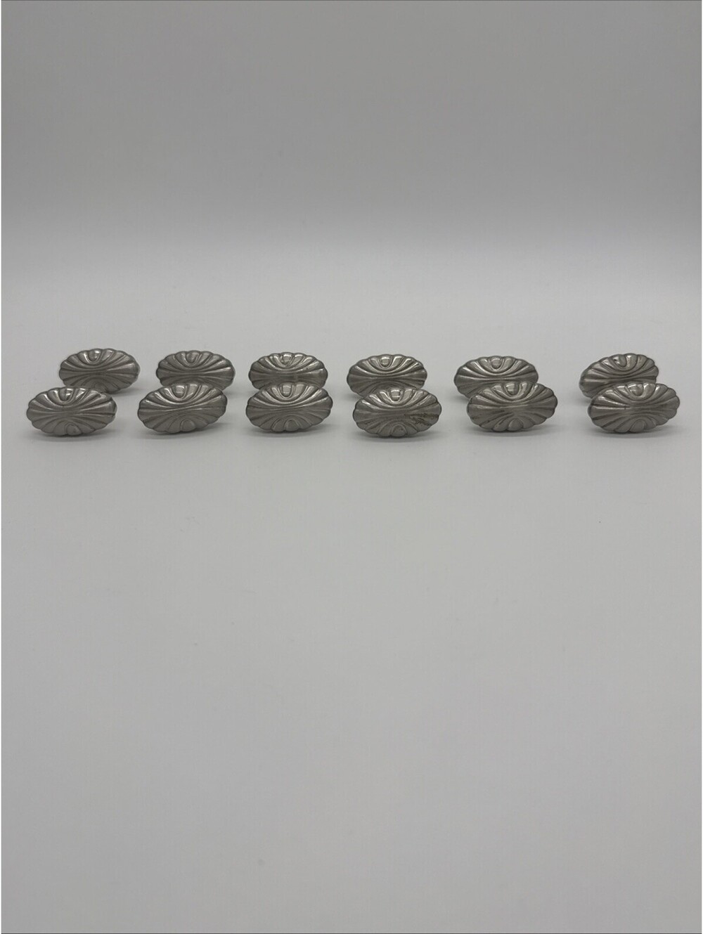 Set of 12 Vintage MCM Ribbed Melon Cabinet Knobs - Silver Art Deco Pat 1338A